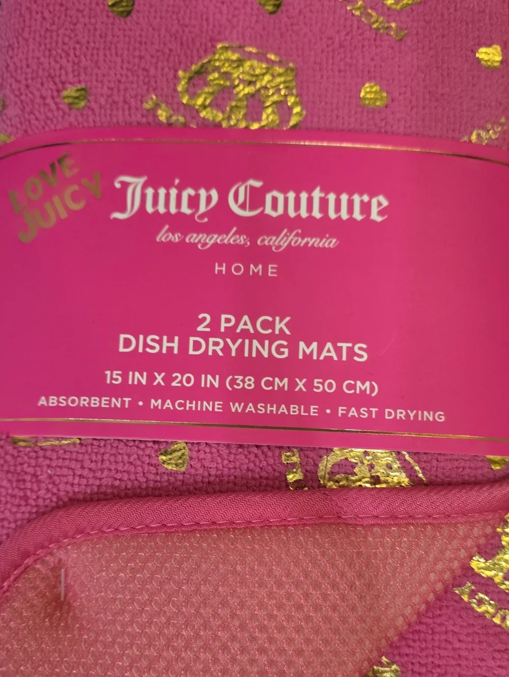 Juicy Couture Home Gold Foil Logo Crown & Heart Print Dish Drying Mats- 2 Pack